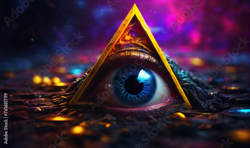 A human eye in a triangle surrounded by a dark astral background emitting bright neon colors