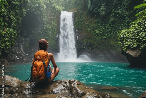 A person sits on a rock, gazing at a majestic waterfall surrounded by lush greenery, A backpacker pausing to appreciate a stunning waterfall located in dense forest, AI Generated