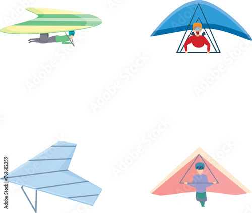 Hang glider icons set cartoon vector. Gliding man flying extreme sport. Air sport, active lifestyle