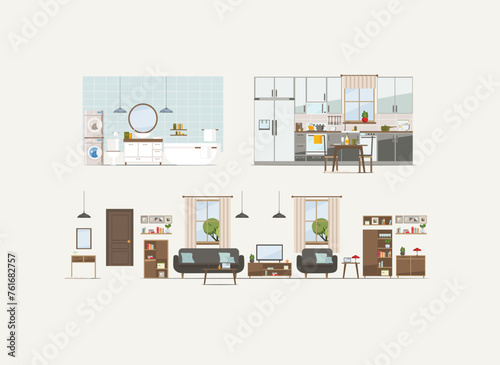 kitchen, living room, bedroom and bathroom with equipment and furniture, flat vector illustration 
