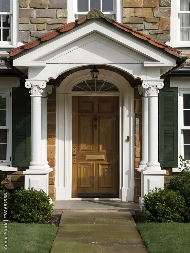 Front door of home with porch. Wooden door with roof and columns. Outside of cottage-style house with white columns and stone exterior.
Front door of home with porch. Wooden door with roof and columns. Outside of cottage-style house with white columns and stone exterior.