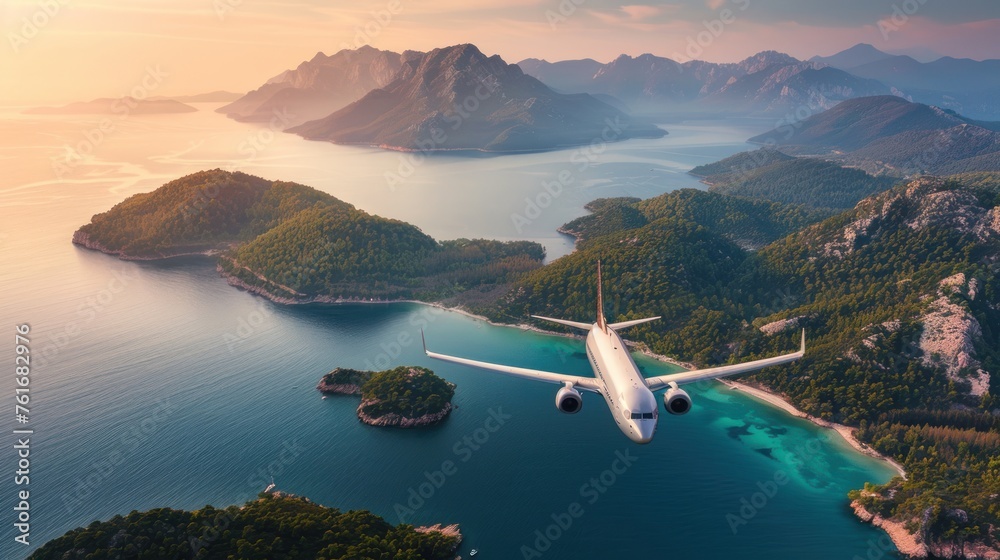 Aircraft is flying over islands and sea at sunrise in summer - obrazy, fototapety, plakaty 