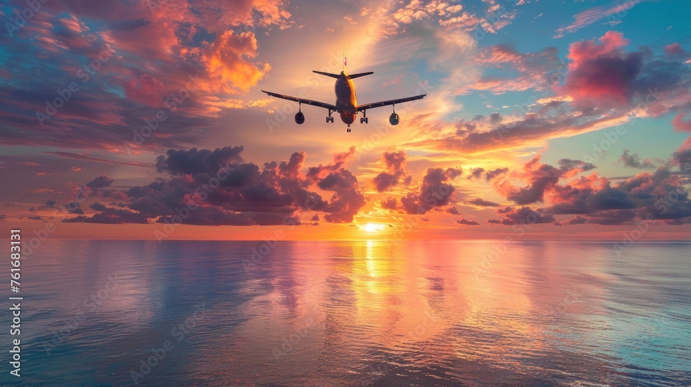 Naklejka premium Airplane flying above tropical sea at sunset