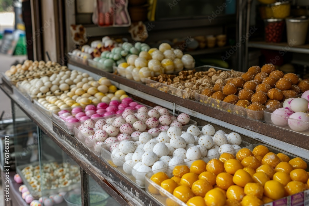 Assorted Selection of Candies in a Display Case, A Bengali sweet shop filled with variety of rasgullas, AI Generated