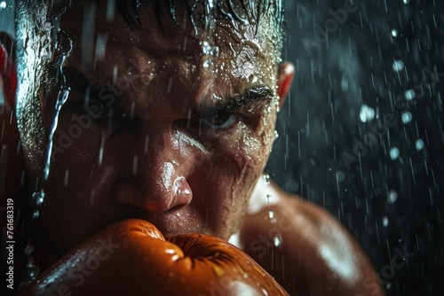 A man wearing boxing gloves stands in the rain  ready to engage in combat  A boxer s face showing determination and grit during a tough match  AI Generated