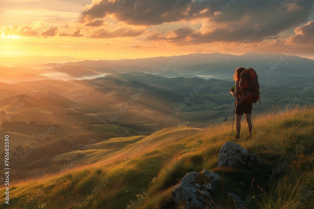 A person stands on top of a grass covered hill, overlooking the landscape, A breathtaking vista of rolling hills and valleys with a backpacker overlooking it, AI Generated