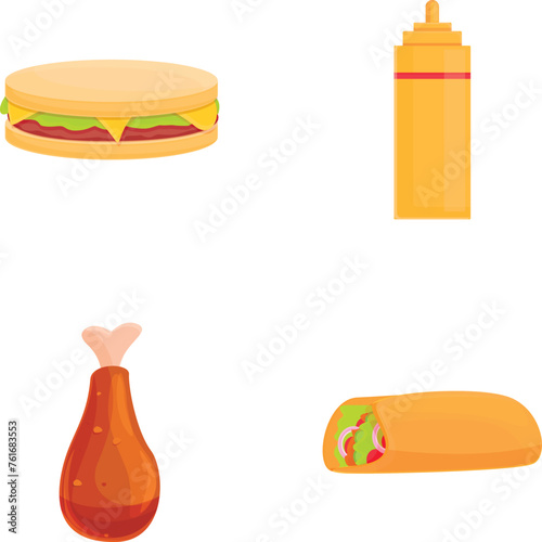 Fast food icons set cartoon vector. Fried chicken, sandwich, burrito and mustard. Unhealthy nutrition, street food