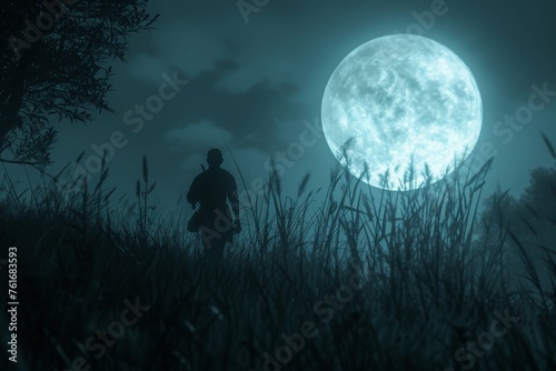 A person stands in a field, with a full moon shining brightly in the background, A bright, full moon illuminating a hunter stalking in the night, AI Generated