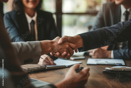 Group of People Sitting Around a Table Shaking Hands, A business team concluding a meeting after applying for a transaction loan, AI Generated