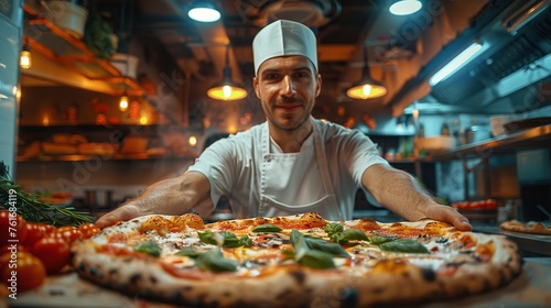 Smiling Chef Presenting Delicious Italian Pizza