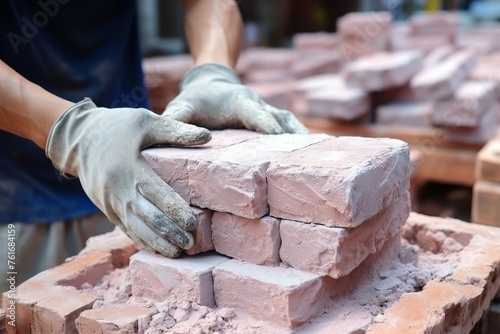 Professional construction worker using pan knife to build brick walls with cement and mortar on site