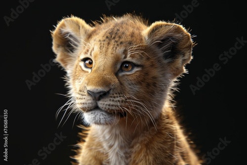 Portrait of a lion cub isolated on a black background