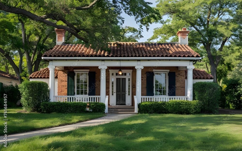 Main entrance door. White front door with porch. Exterior of georgian style home cottage house with columns