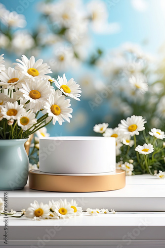 Blank Podium for demonstration and montage of product with daisies floral spring and summer decor. Summer background  blooming  birthday  March 8  Easter  women day  wedding. Copy space