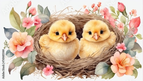 Cute watercolour yellow chicks in a spring blooming nest of twigs and flowers in nature. Spring card, spring time, children, childhood. AI generated © Ольга Симонова