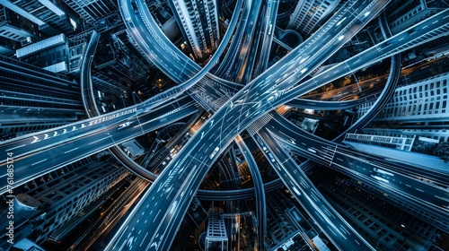 Fototapeta Naklejka Na Ścianę i Meble -  Aerial view of intricate highway junction interchange on expressway, showing complex road network
