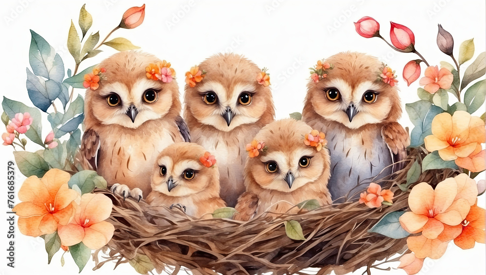 Obraz premium Cute watercolor owl family with chicks in a spring blooming nest of twigs and flowers on a white background. Spring card, spring time.