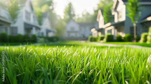 Vibrant green lawn with blurred background reveals a cozy suburban home nestled among lush trees under a clear blue sky.