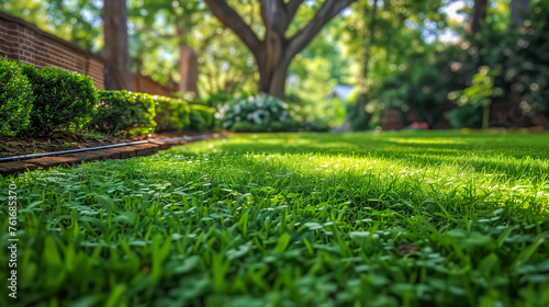 Lush green grass close-up in a well-maintained backyard, bordered by manicured shrubs and mature trees casting soft shadows, exuding tranquility and natural beauty.