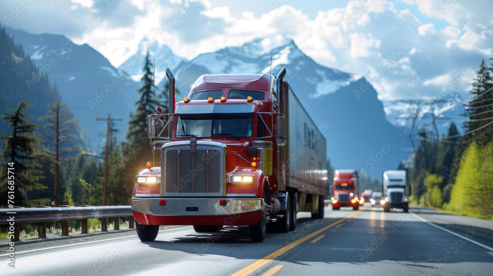 Red semi-truck transporting cargo on a mountain road with a scenic forest and mountain landscape in the background. Red semi-truck transporting cargo on a mountain road with a scenic forest and mountain landscape in the background.