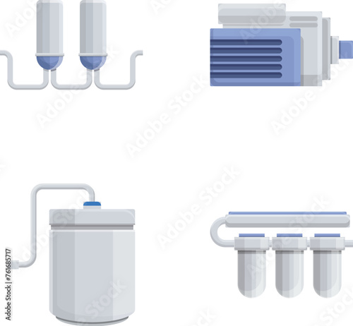 Water filter icons set cartoon vector. Water purification and filtration system. Pure aqua