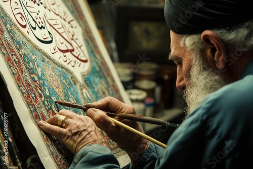 An artist, with a beard, skillfully painting on a canvas with focused concentration and precision, A calligrapher painting Quranic verses, AI Generated