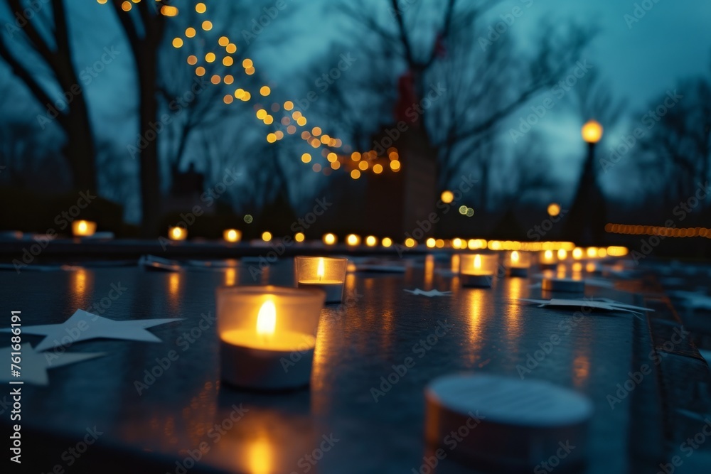 A row of candles, with each one emitting a warm and flickering glow, placed neatly on top of a table, A candlelight vigil held at a war memorial to honor Memorial Day, AI Generated