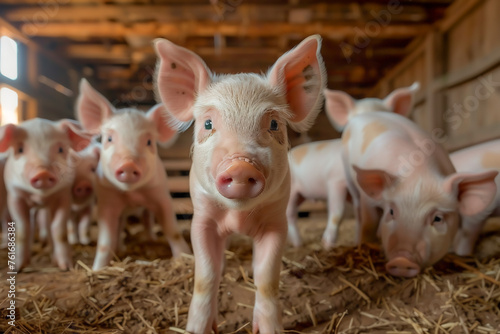A group of baby pigs are standing in a pen with straw