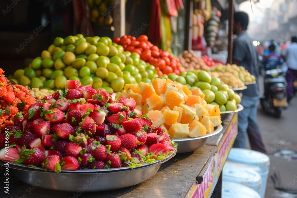 A vibrant fruit stand offering a diverse selection of fresh fruits, beautifully arranged and ready to be enjoyed, A cart of colorful Indian fruit chaat in a busy market, AI Generated