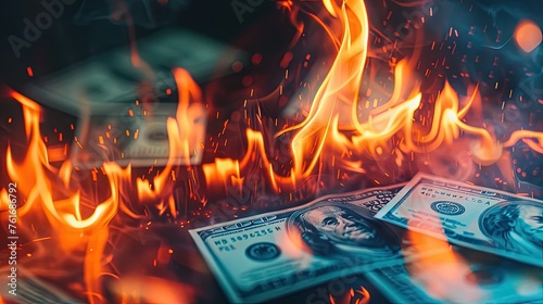 Stock charts and dollars on fire. The economic crisis. Background. Crisis unfolds: money burning down.