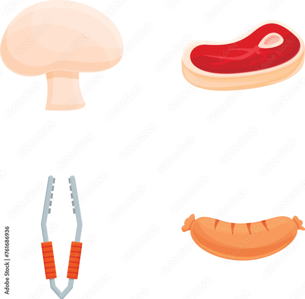Barbeque product icons set cartoon vector. Barbecue tool and grilled food. Picnic, grill party Barbeque product icons set cartoon vector. Barbecue tool and grilled food. Picnic, grill party