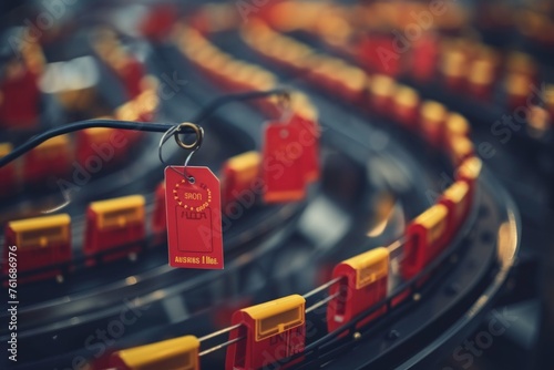 A straight line of luggage tags in attractive red and yellow colors, neatly arranged in a row, A chain reaction of price tags mechanism showing inflationary spiral, AI Generated