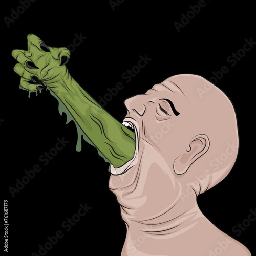Man with open mouth sticking out a mutant arm.