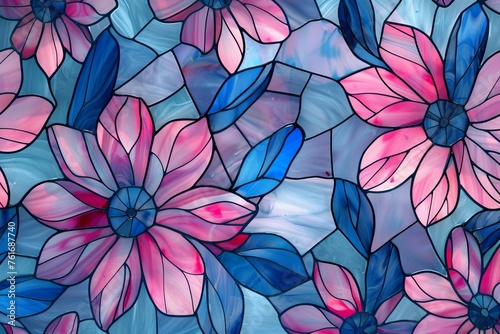 Fantastic pink-blue stained glass flowers against a crystal background using alcohol ink technique