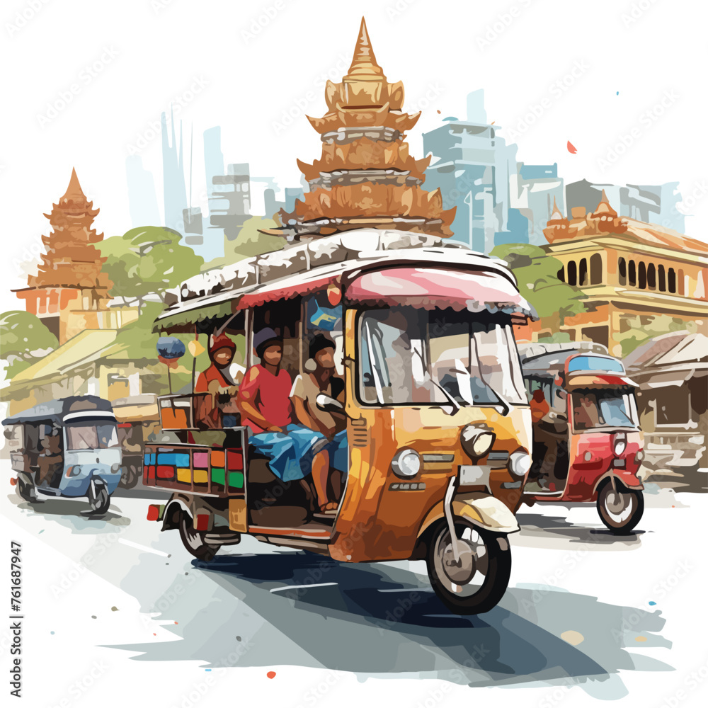 Tuk-tuk weaving through traffic in a busy Asian city.