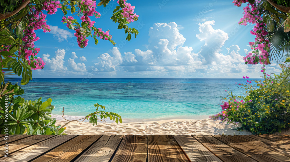 A serene tropical beach scene with clear waters, pink flowers framing a hammock, under a sunny blue sky.