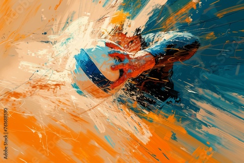 A painting depicting a man energetically kicking a soccer ball, capturing the dynamic intensity of the sport, A close-up digital style painting of a high-speed volleyball spike, AI Generated
