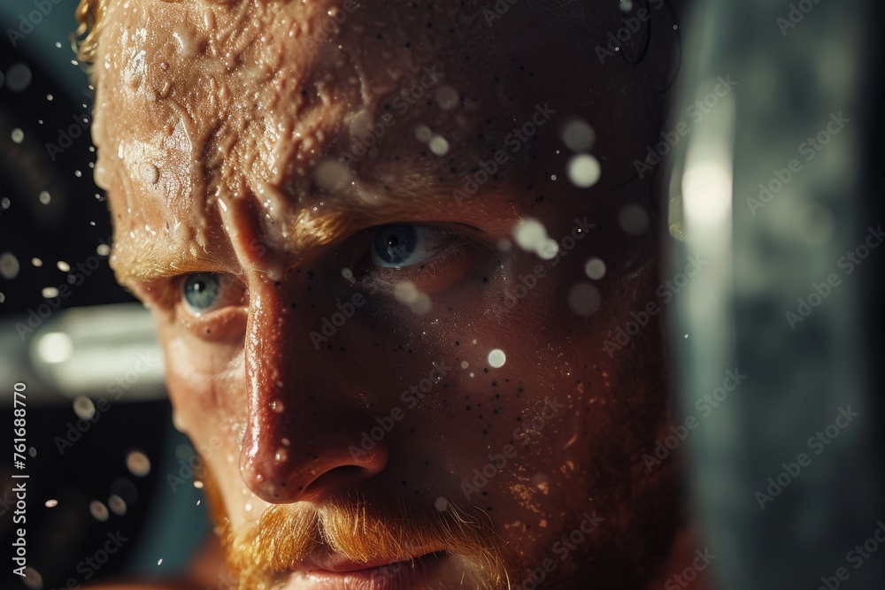 A detailed view of a man holding a barbell, showcasing his strength and determination during weightlifting, A closeup view of the grit and determination on a weightlifter's face, AI Generated A detailed view of a man holding a barbell, showcasing his strength and determination during weightlifting, A closeup view of the grit and determination on a weightlifter's face, AI Generated