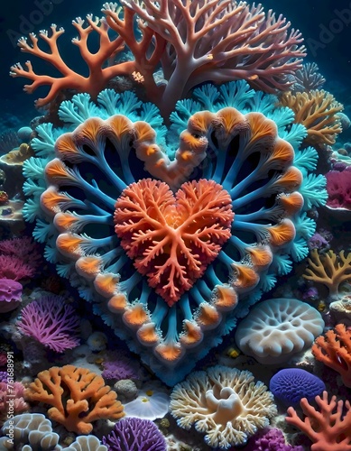 Colorful Heart Shaped Coral Amidst Diverse Marine Life, An Underwater Rainbow, Generative AI