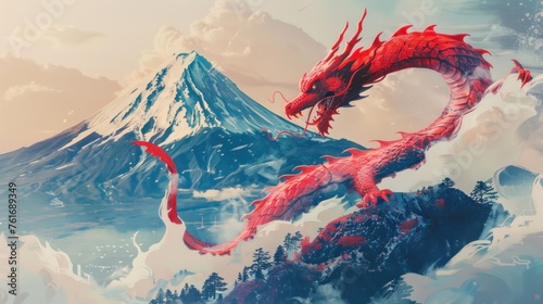 Red dragon flying on mountain photo