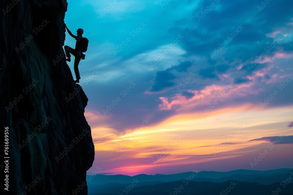 A Man Climbing up the Side of a Mountain at Sunset, A colorful sunset over a tall, challenging cliff-face with a lone climber silhouetted against the sky, AI Generated - obrazy, fototapety, plakaty 