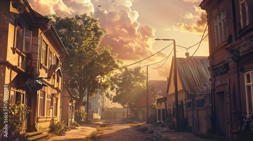Charming Old Village Street at Sunset AI Generated.