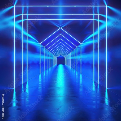 Abstract background of empty long corridor or tunnel with bright blue neon glow spotlights. Laser lines and LED technology create glow in dark tunnel