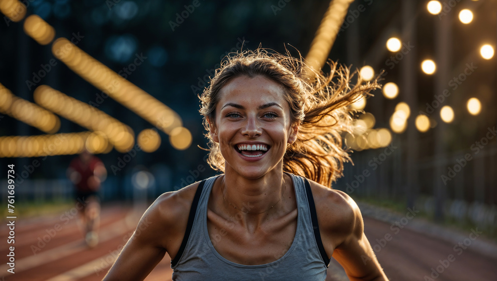 Donna sorride mentre fa sport, corre su una pista da atletica leggera - obrazy, fototapety, plakaty 