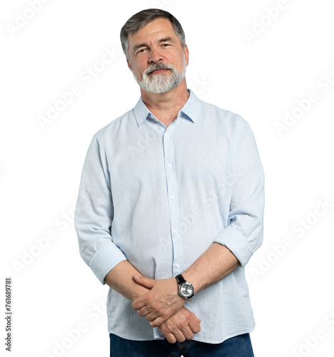 Portrait of happy casual older man smiling, Mid adult, mature age male with gray hair, Isolated on transparent background, copy space