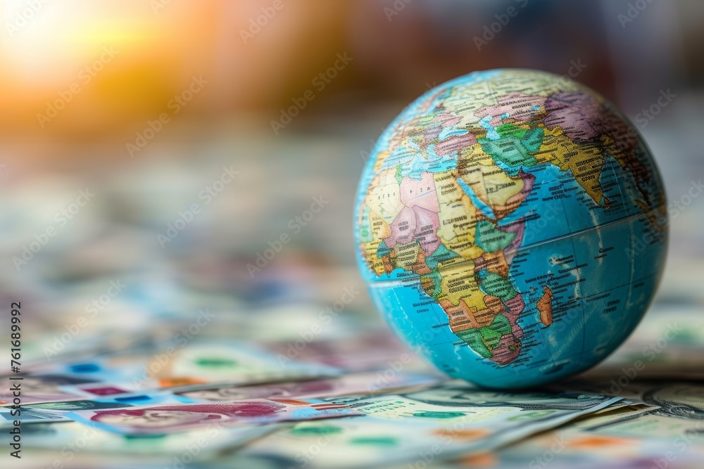A small globe sits atop a map, showcasing the connection between global geography and cartography, A concept of an inflating globe with currency symbols to portray global inflation, AI Generated A small globe sits atop a map, showcasing the connection between global geography and cartography, A concept of an inflating globe with currency symbols to portray global inflation, AI Generated