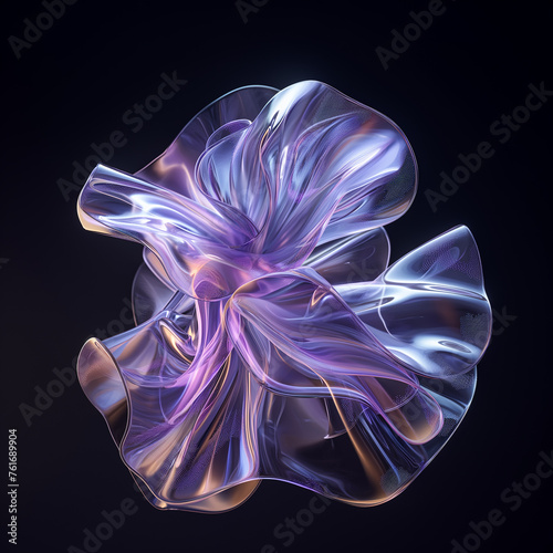 Singular 3d abstract shape, black background, made of glass, light beams inside, purple highlights