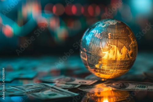 Globe on Top of Money, A concept of an inflating globe with currency symbols to portray global inflation, AI Generated photo