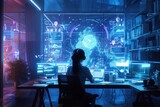 A woman is seated at a desk, focused on her work as she operates a computer, A creative depiction of a virtual office environment, AI Generated