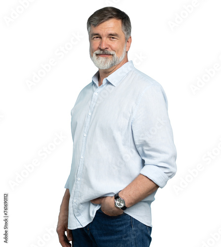 Portrait of happy casual older man smiling, Mid adult, mature age male with gray hair, Isolated on transparent background, copy space